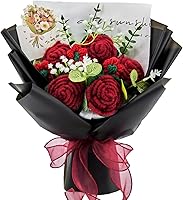 HUEHUG Handmade Crochet Red Rose Bouquet - Artificial Flowers with Gift Card & Bag for Weddings, Birthdays, Home Decor (14" Tall, Black Wrap)