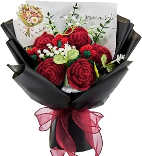 HUEHUG Handmade Crochet Red Rose Bouquet - Artificial Flowers with Gift Card & Bag for Weddings, Birthdays, Home Decor (14" Tall, Black Wrap)