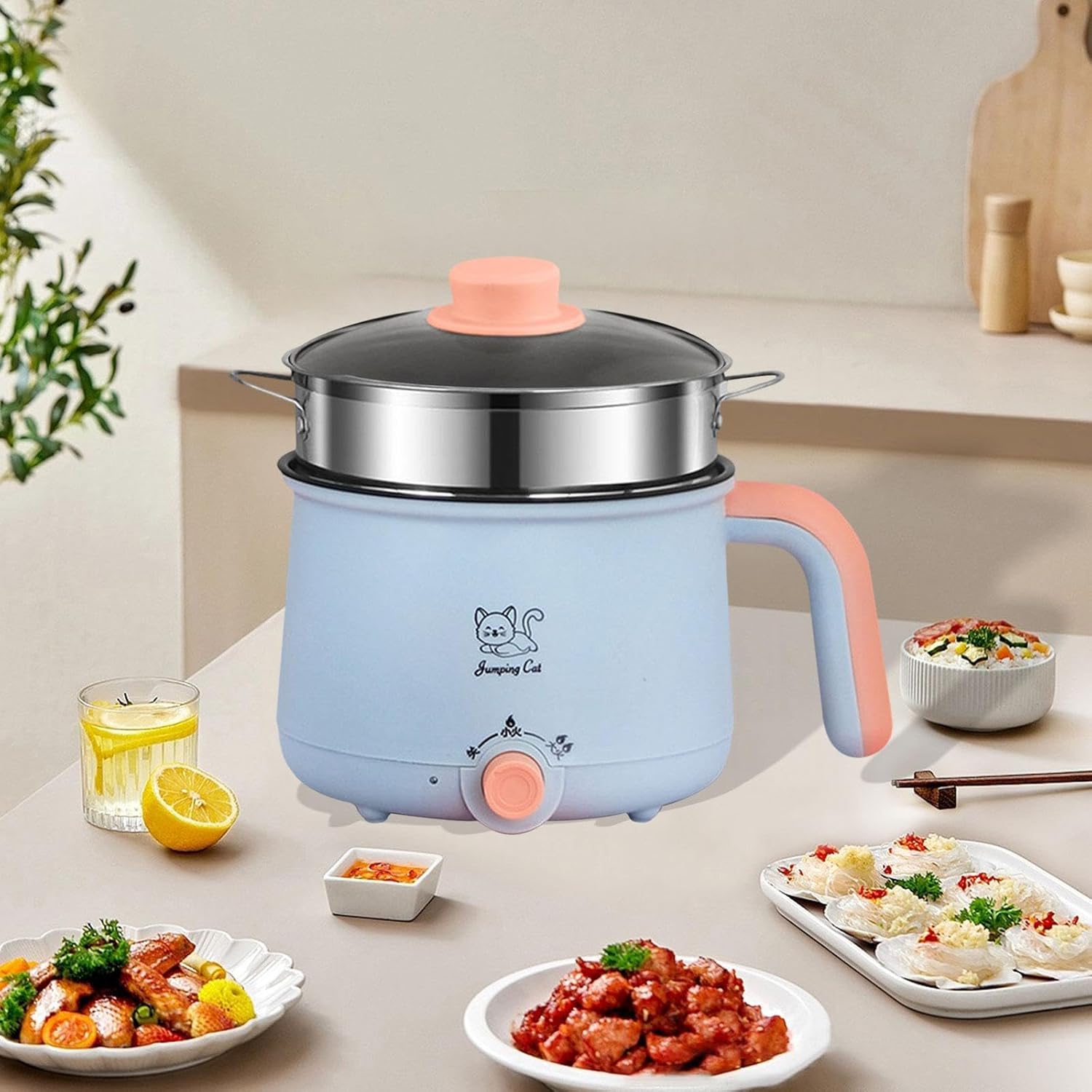 Mini Hot Pot 1.8L Ramen Cooker Multipurpose Cookware Cooking Pot Non Stick Portable Electric Pot Noodles Pot for Noodles Eggs, Pot Steel Steamer