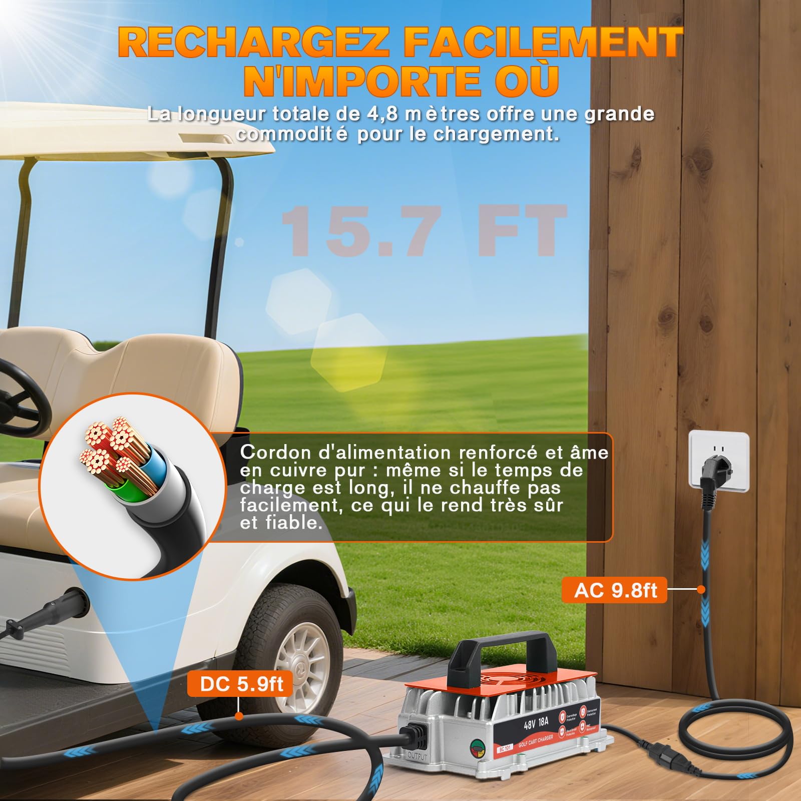 Chargeur de Voiturette de Golf 48V 18 A, pour Voiturettes de Golf Club Car, Chargeur Intelligent pour Batterie au Plomb 48V avec Fonction de Charge Lente, étanche IP67