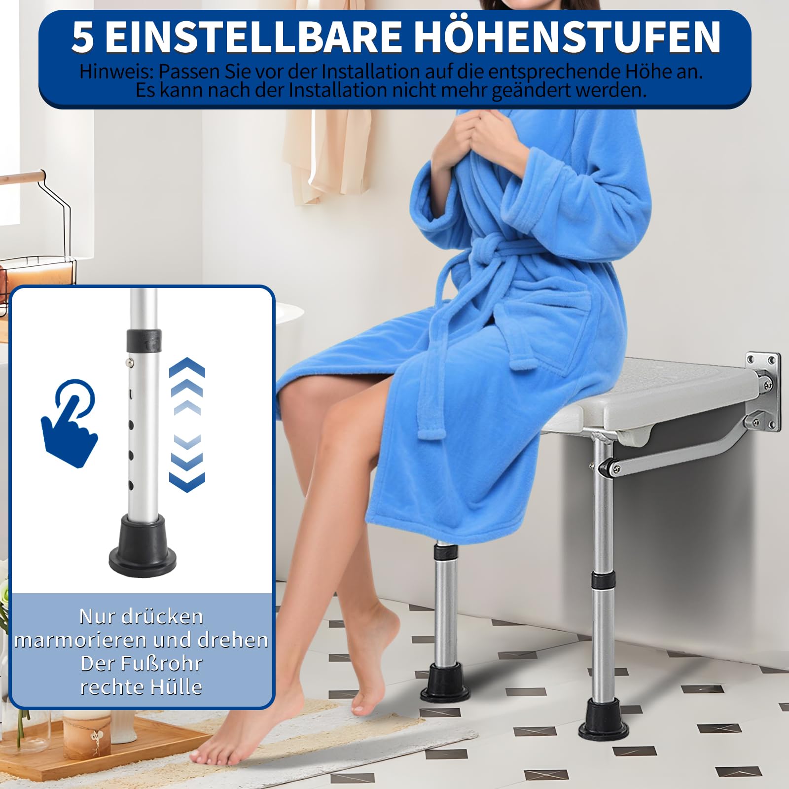 Wandmontierter Duschstuhl für Senioren, klappbarer DuschHocker, 5-Stufige Höhenverstellung, Duschhocker mit Rutschfesten Füßen, Versteckter klappbarer Duschstuhl, Geeignet für Senioren