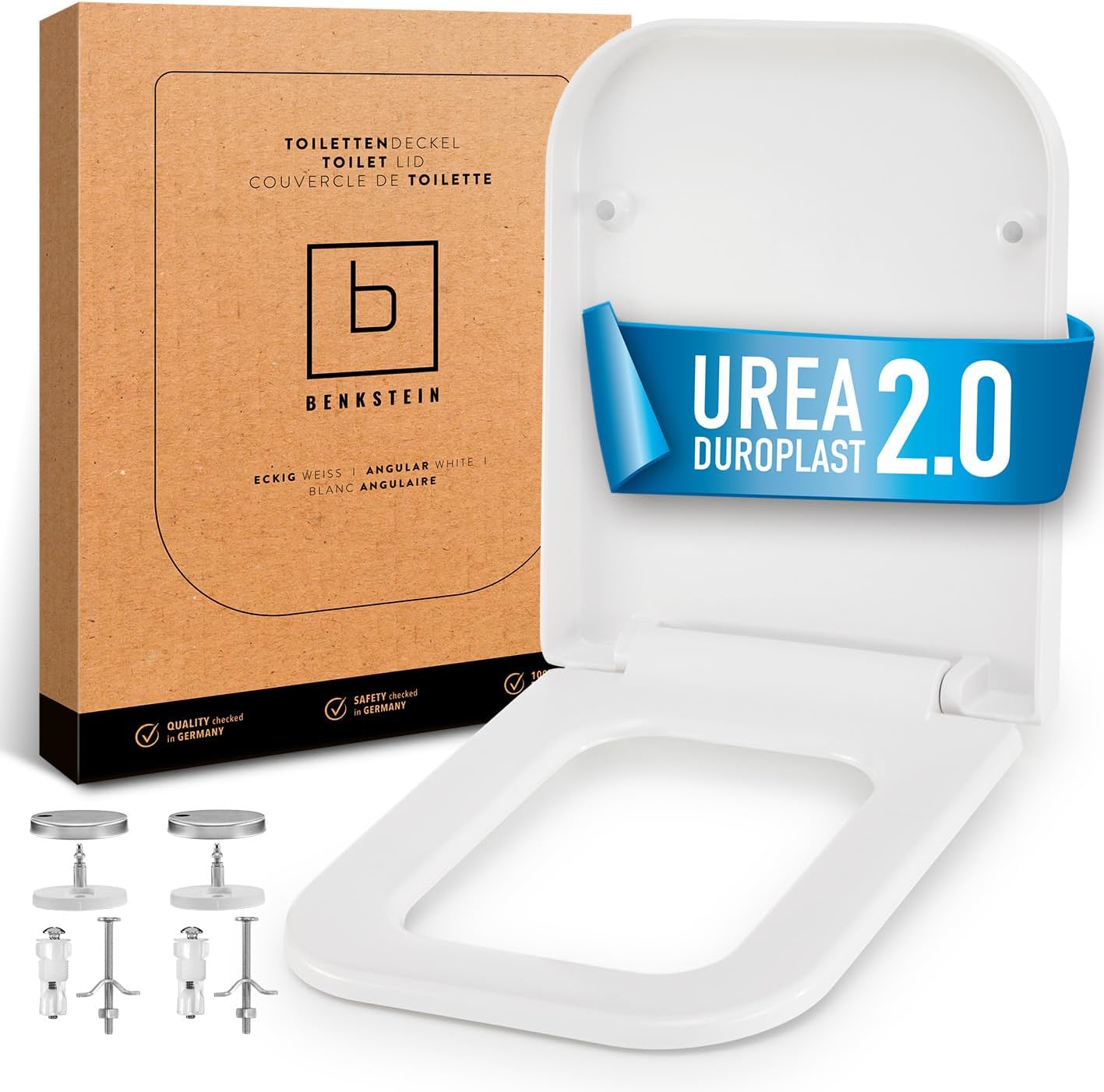 BENKSTEIN Toilet Seat E-Shape Toilet Seat with Soft Close Mechanism Square with Quick Release Universal Duroplast Toilet Seat White Antibacterial