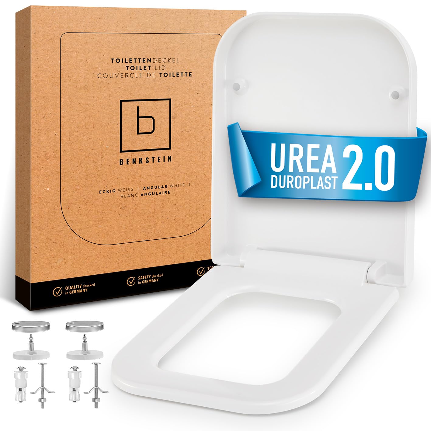 BENKSTEIN WC-Sitz Toilettendeckel E-Form | Toilettensitz mit Softclose Absenkautomatik | WC Deckel eckig mit Quick Release | Universal Klodeckel aus Duroplast | Klobrille weiß - antibakteriell