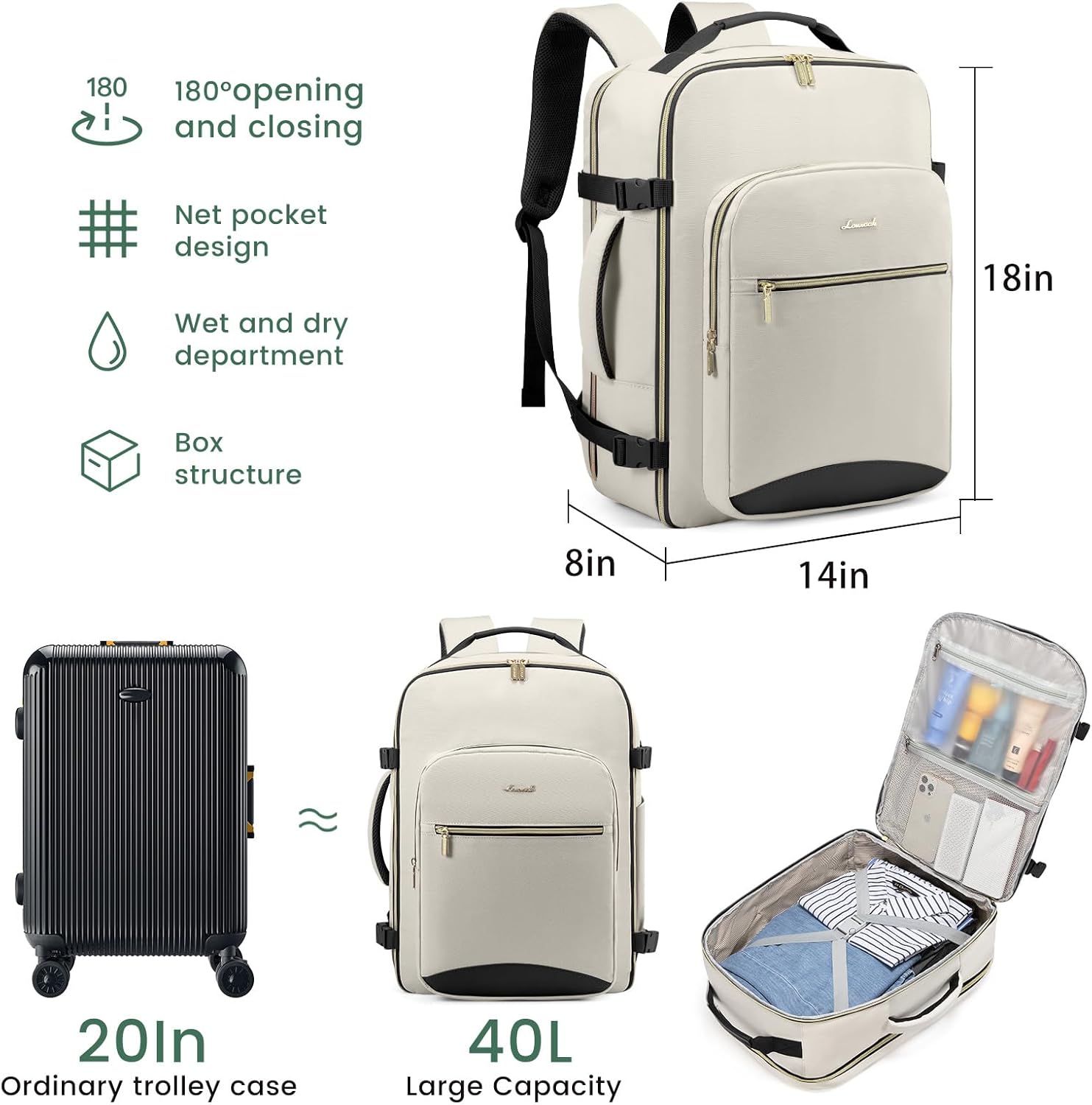 LOVEVOOK 40L Large Travel Backpack for Women Men, 17 Inch Carry on Backpack for Traveling on Airplane, Personal Item Travel Bag Airline Approved, Business Causal Weekender Backpack, Beige-Black - Image 3