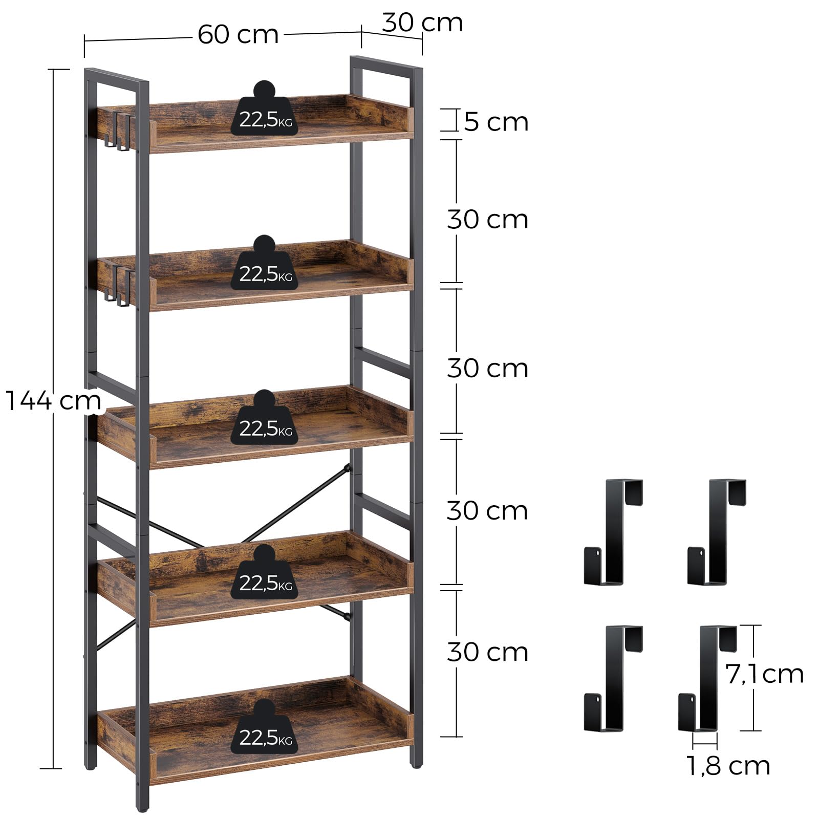 Rolanstar Regal, Bücherregal, Standregal, mit 5 Ebenen & 4 Haken, Holzregal mit Kantenschutz & offenes Regal, Standregal im Industriestil für Wohnzimmer, Schlafzimmer, Büro, 30 x 60 x 144cm