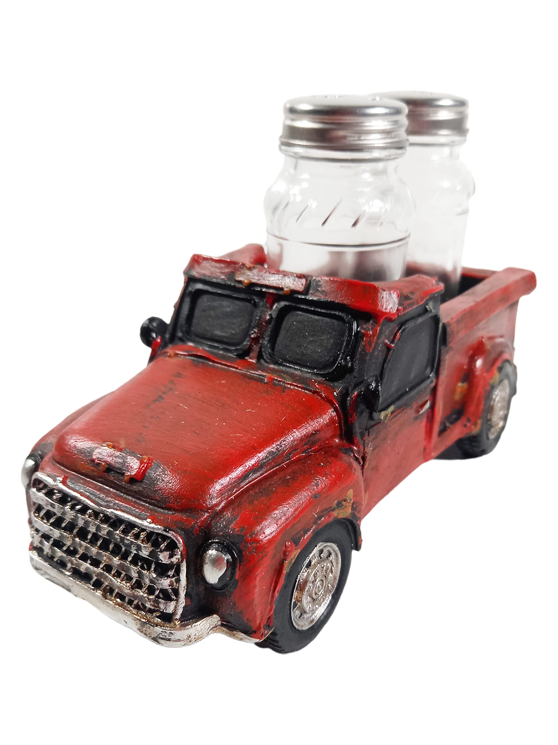 Urbalabs Western Rusty Red Truck or Farmer Green Salt and Pepper Shaker Caddy Farmhouse Dinner Table Kitchen Ranch Decorations Rustic Cowboy Decor Hand Painted (Rusty Red)