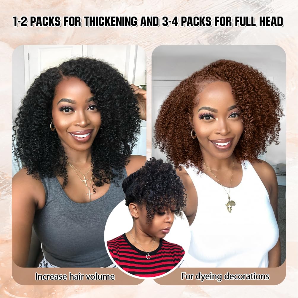 4Pcs Afro Kinky Curly Clip in Hair Extensions Real Human Hair, 12 Inch 60g Natural Black, Lace Invisible Seamless & Thicken, 4B 4C Remy Clip Ins for Women