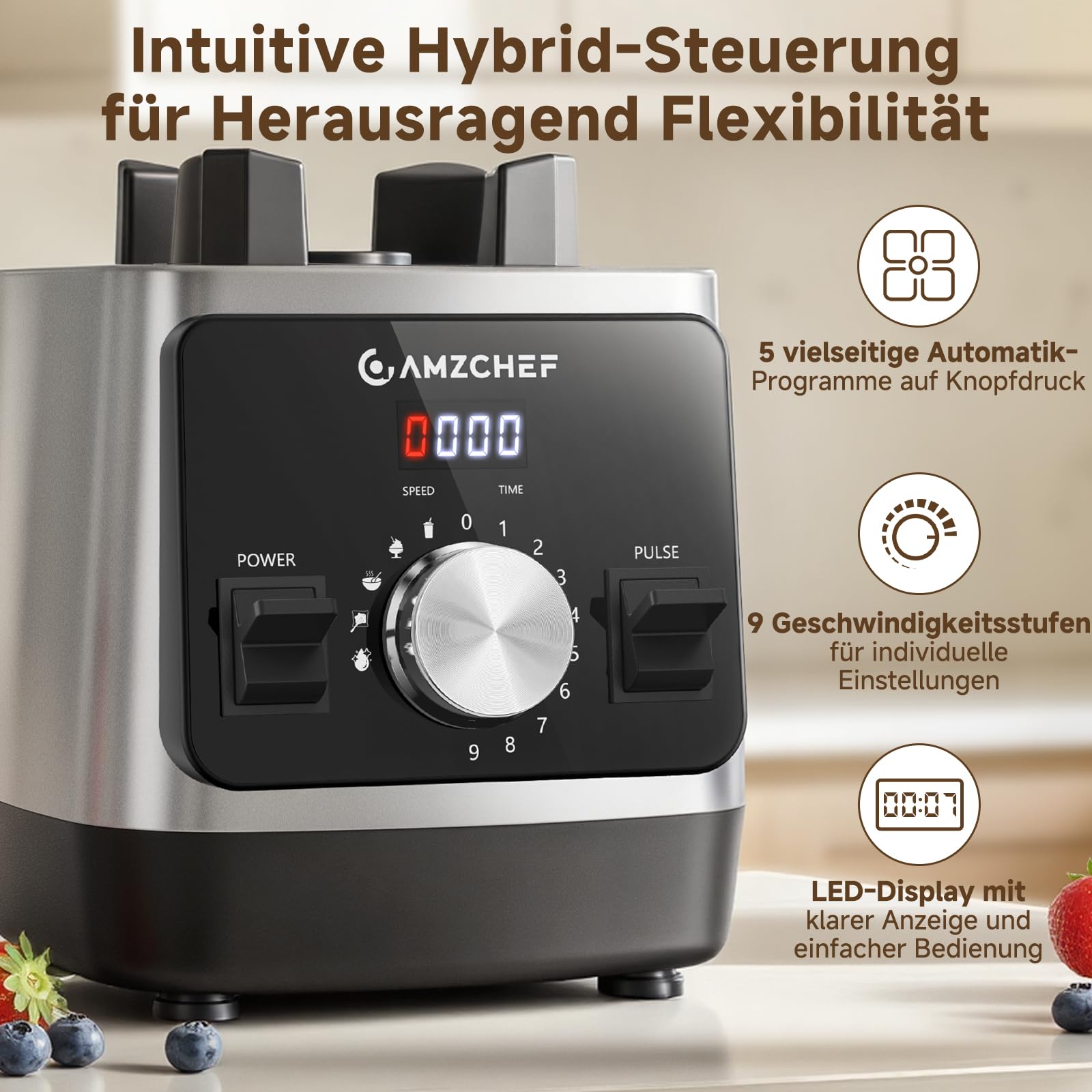 AMZCHEF Hochleistungs-Standmixer 1800 Watt, 2 L Tritan-Behälter (BPA-FREI) | Mixer für Smoothies, Hacken von Gemüse & Mixen von Frozen Drinks, 5 Automatikprogramme, 9 Geschwindigkeiten & Pulse-Funktion