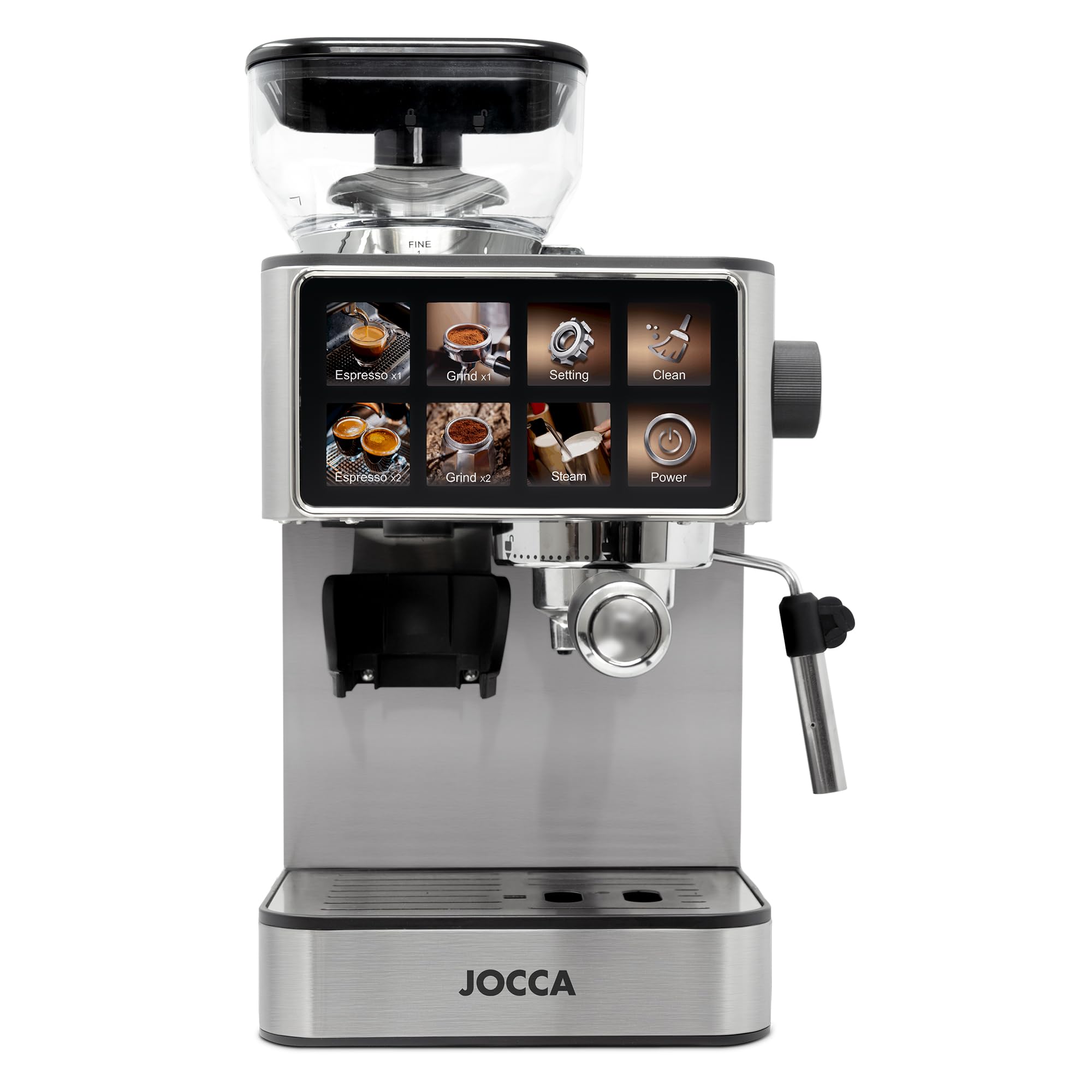 Jocca - Cafetera Espresso Semiautomática 20 Bar con Molinillo, Pantalla Táctil, 22 Niveles de Molienda, Vaporizador, Depósito 1,3L, 1450W, Acabado en cromado Acero Inoxidable