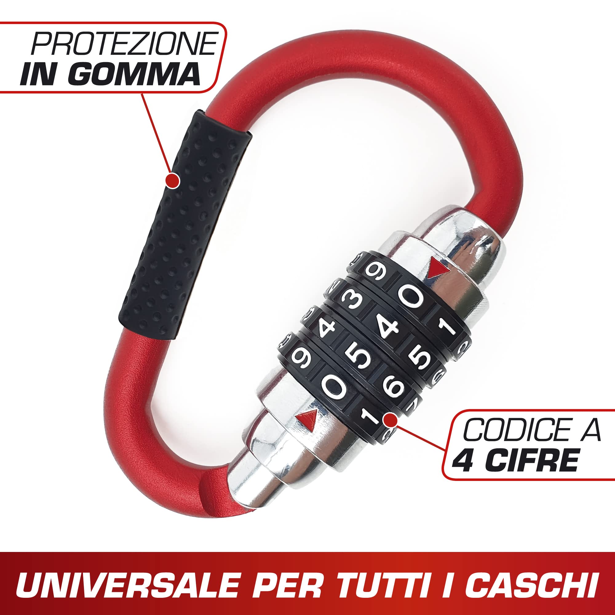 RADIKAL RK540R Lucchetto Casco Moto, Antifurto Casco Moto, Moschettone con 4 (altri 3) Codice Più Sicuro + Cavo Flessibile in Acciaio + Adattatore a T, Accessori Blocca Gancio Bici
