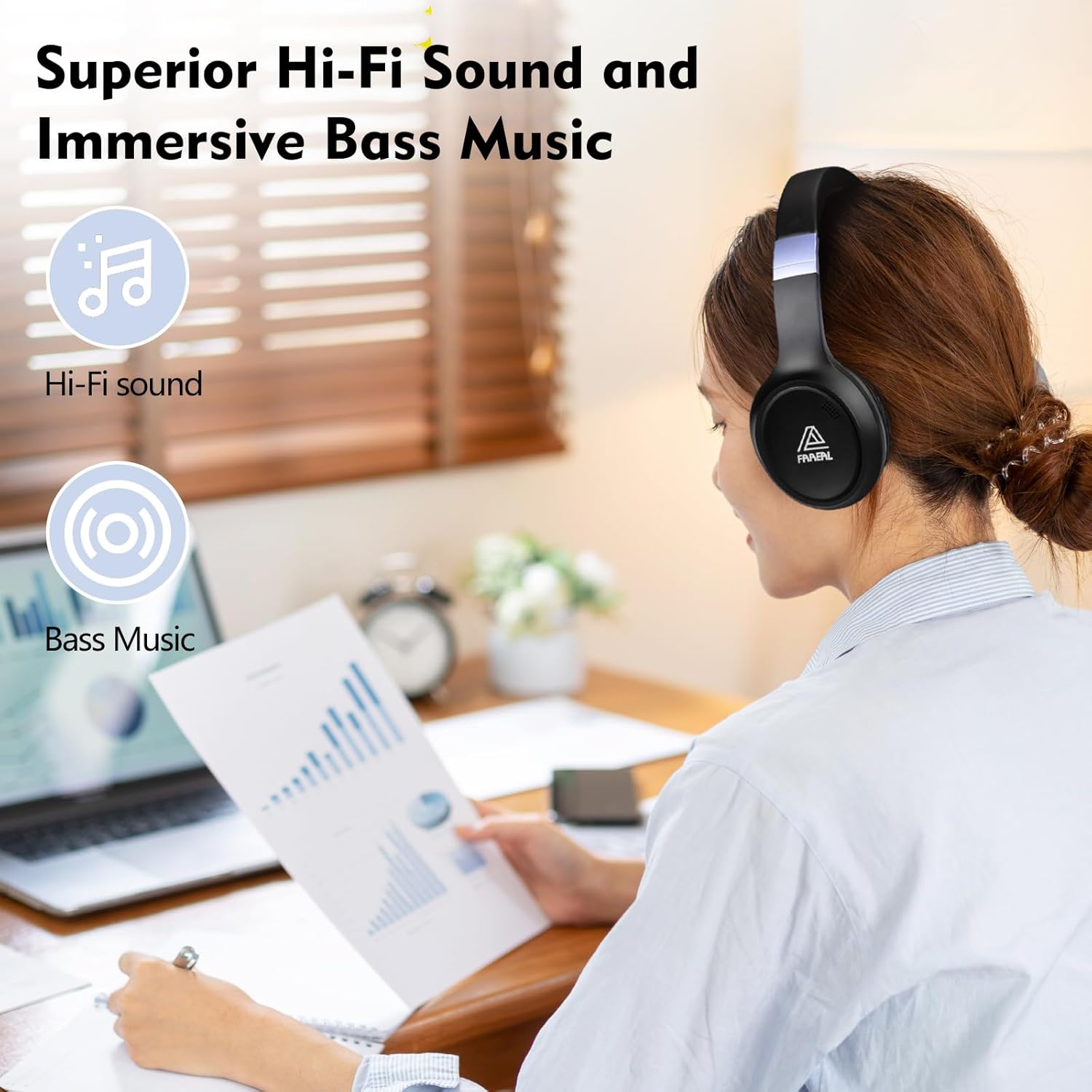 FAAEAL Bluetooth Noise-canceling Headphones Over Ear,68 Hours Playtime Wireless Headphones with Mic,Foldable Lightweight Headset with Deep Bass,HiFi Stereo Sound for Travel Work Cellphone(Black New) - Image 3