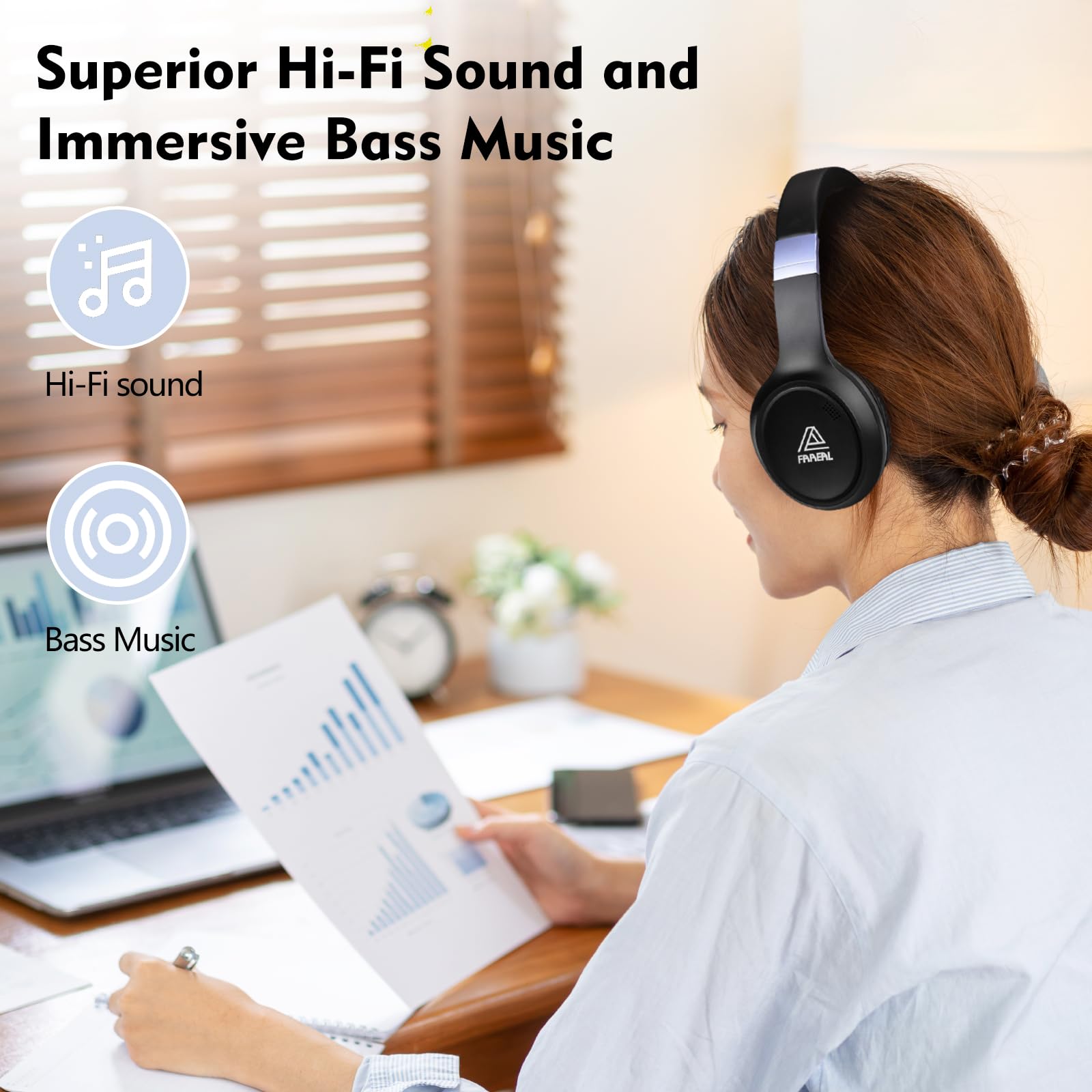 FAAEAL Casque Bluetooth supra-auriculaire à réduction de bruit, 68 heures de lecture, casque sans fil avec micro, casque pliable léger avec basses profondes, son stéréo HiFi pour voyage, travail,