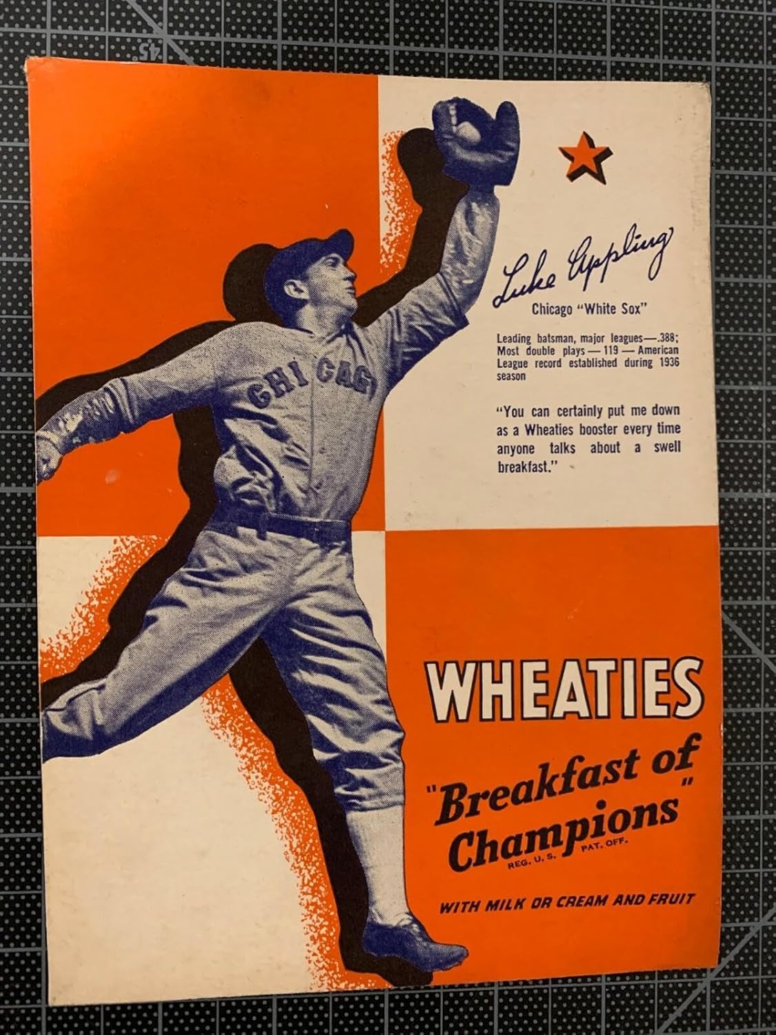 1937 Wheaties Series 8 Luke Appling Chicago Sox Cereal Box Panel Ex+ - Baseball Cards