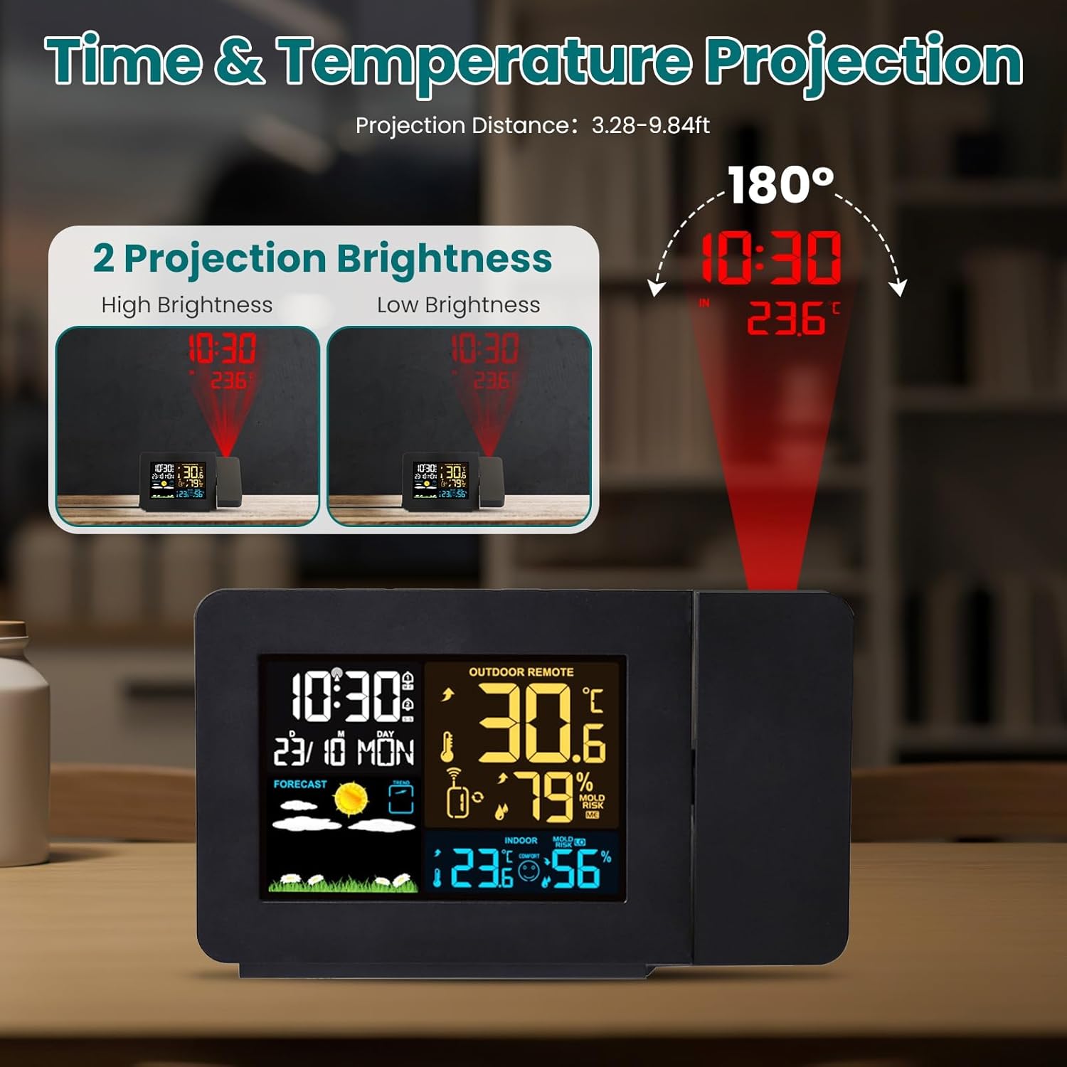 Projection Alarm Clock, WWVB Atomic Projector Radio Control Clock for Bedroom Ceiling with Weather Station, Snooze, Outdoor Temperature Humidity Sensor, Dual Alarms, 180° Rotatable