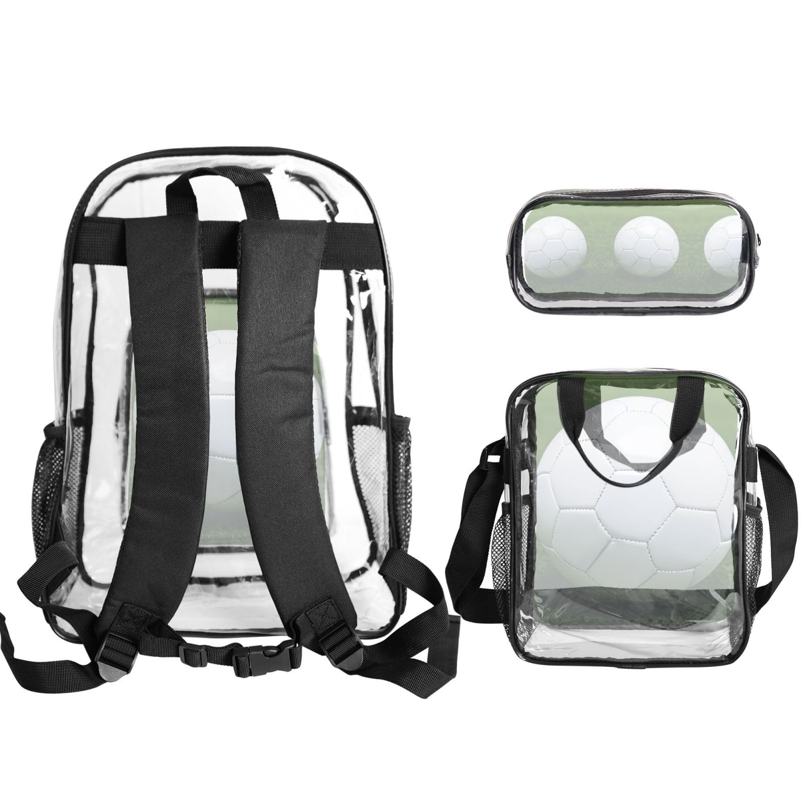 Juego de mochila 3 en 1 con estampado de balón deportivo de fútbol, bolsa transparente para eventos escolares, trabajo, estadio y transporte diario