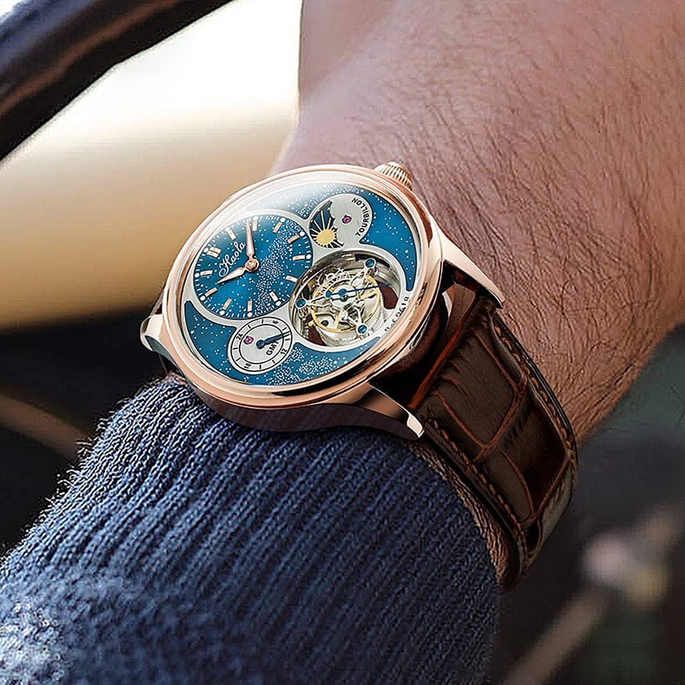 Haofa GMT Tourbillon-Uhr für Herren, Mondphase, Sternenhimmel, Zifferblatt, manuelle mechanische Uhr, Saphir, Leuchtend, wasserdicht, Luxus, Business, formelle Herrenuhr 0618
