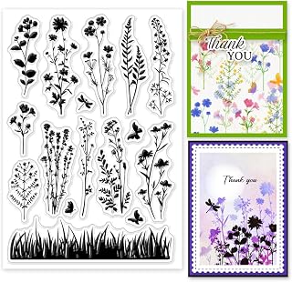 GLOBLELAND Klarer Stempel Mit Wildblumenwiese Silhouette Vintage Blumen Pflanzen Transparente Gummistempel Silikonstempel Für DIY Scrapbooking Fotoalbum 6.33x4.3 Zoll