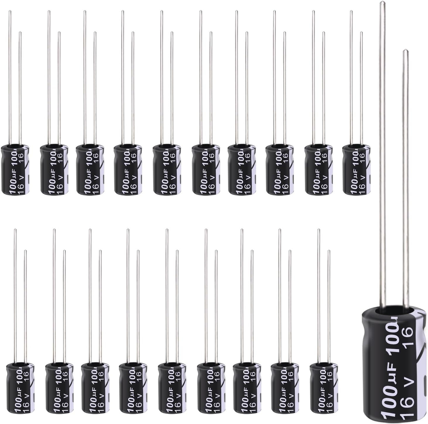 20Pcs 100UF 16V Electrolytic Capacitor 100 UF MFD 16 Volt with Aluminum Radial Leads
