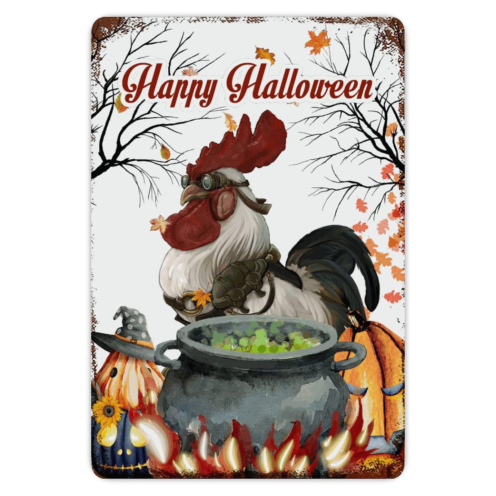 ENEDNATE Trick Or Treat Halloween Rooster Pumpkin Aluminum Tin Sign 8x12 Inch Waterproof Vintage Metal Sign for School Office Classroom Gate Garage Garden Home Wall Decoration Housewarming Gifts