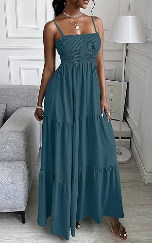 Miniatura 6 de Vestido largo de verano para mujer de PRETTYGARDEN, casual, bohemio, sin mangas, con tirantes delgados, fruncido, para playa, para el sol.