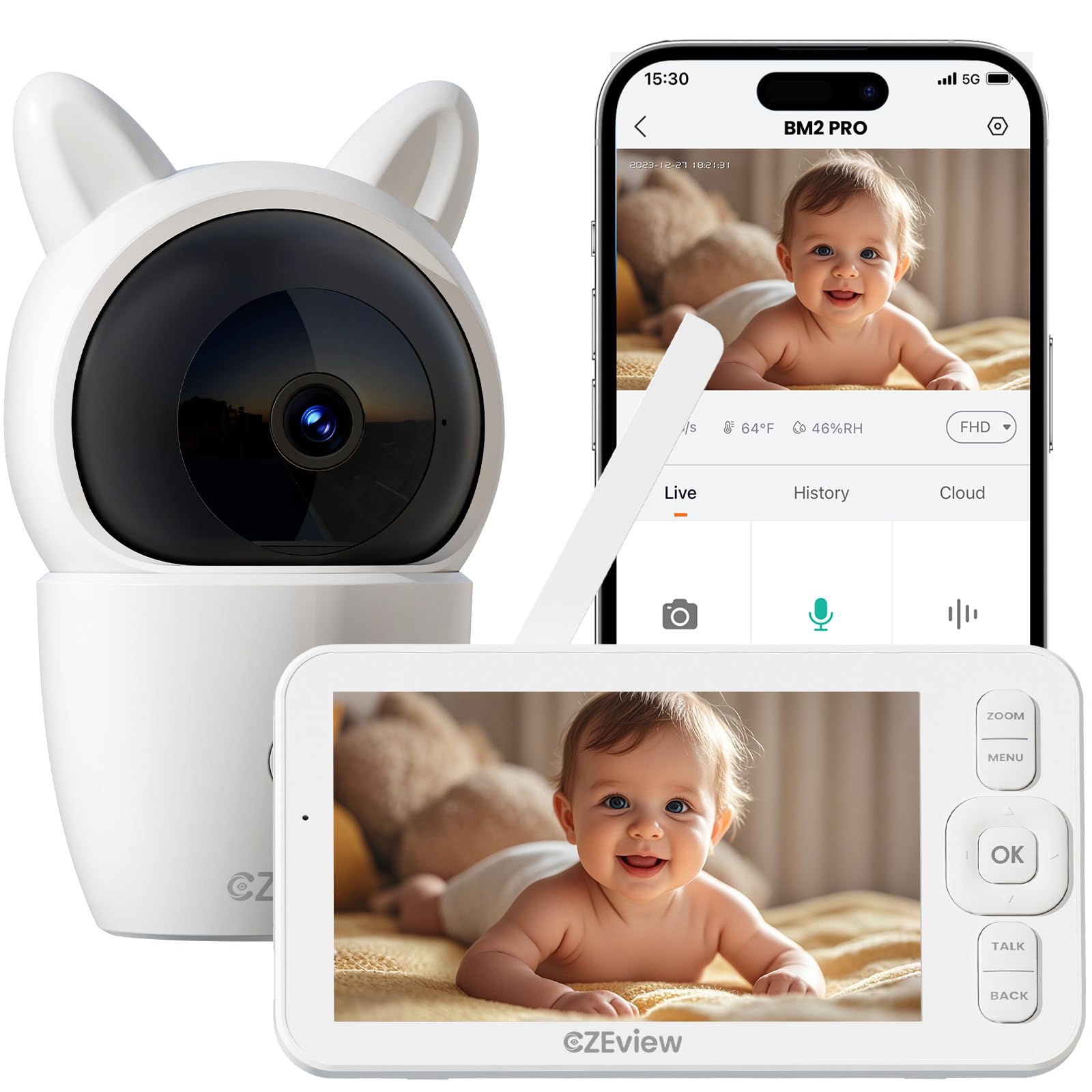 CZEview Babyphone mit Kamera, 2K/5,0" HD WLAN Video Babyfon mit App, 360°, 4× Zoom, Nachtsicht, Automatische Verfolgung, Weinen/Bewegungs/Geräuscherkennung, Temperaturanzeige (Weiß 1 Kamera)