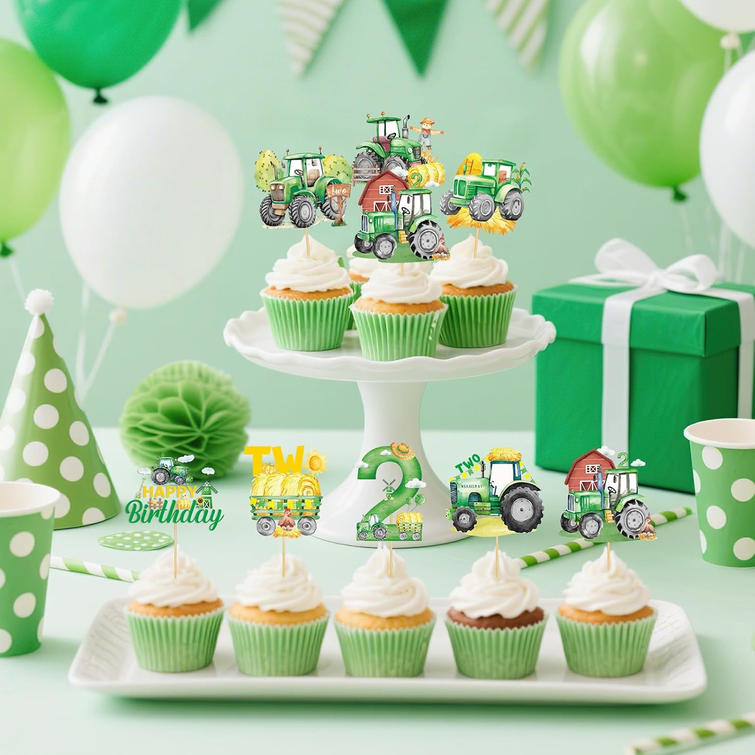 40Pcs Tractor Party Decorations Cupcake Toppers - Farmer Tractors Themed Cake Topper Decor, Happy Birthday Cupcakes Picks for Boys Girls Farmhouse 2nd Birthday Parties Decoration