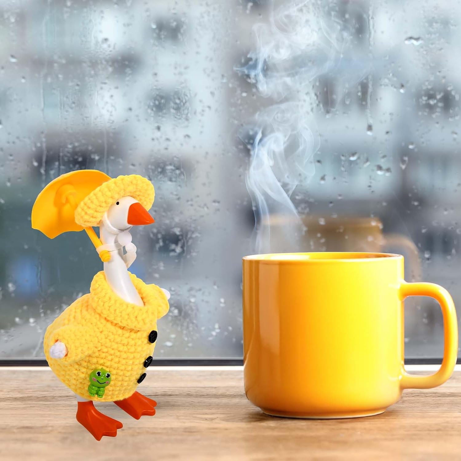 JcHrmers Raincoat Desk Goose Outfit Crochet Raincoat 7 inches Mini Goose Knitted Clothes with Hat and Umbrella for Spring Magnetic Goose Statues Decor