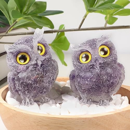 Miniatura 4 de mookaitedecor Estatua de búho de amatista, escultura de piedra, animales tallados, figura de búho nocturno, adorno de cristal para escritorio,