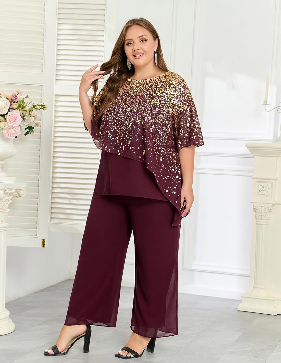 Hanna Nikole 2025 Plus Size Mother of Bride Pant Suits 2 Piece Ruffle Layers Chiffon Sets Hot Stamping Wedding Guest Outfit - Image 4