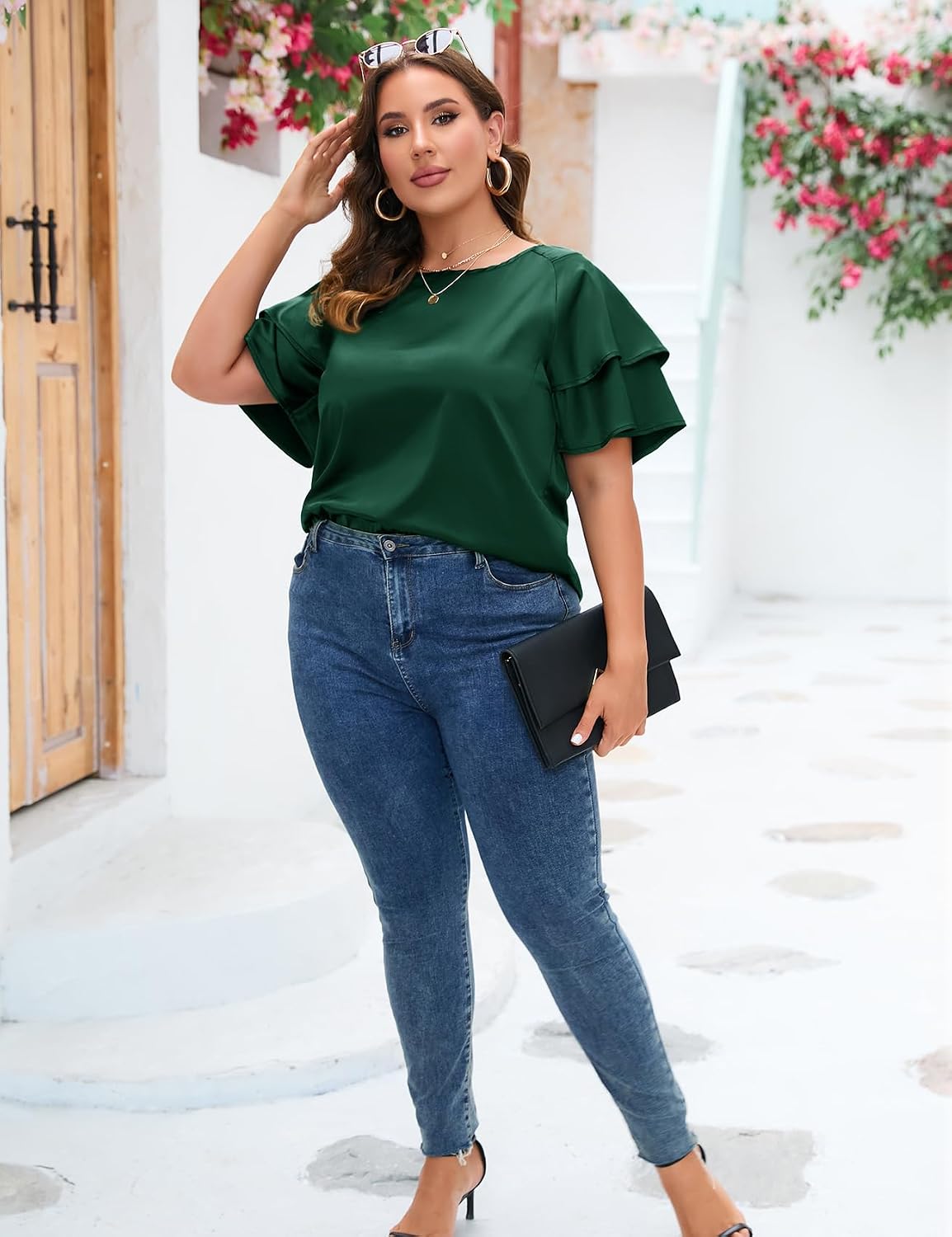 ZOMVA Women's 2024 Plus Size Satin Blouse Short Ruffle Sleeves Silk Top Dressy Shirt Office Elegant