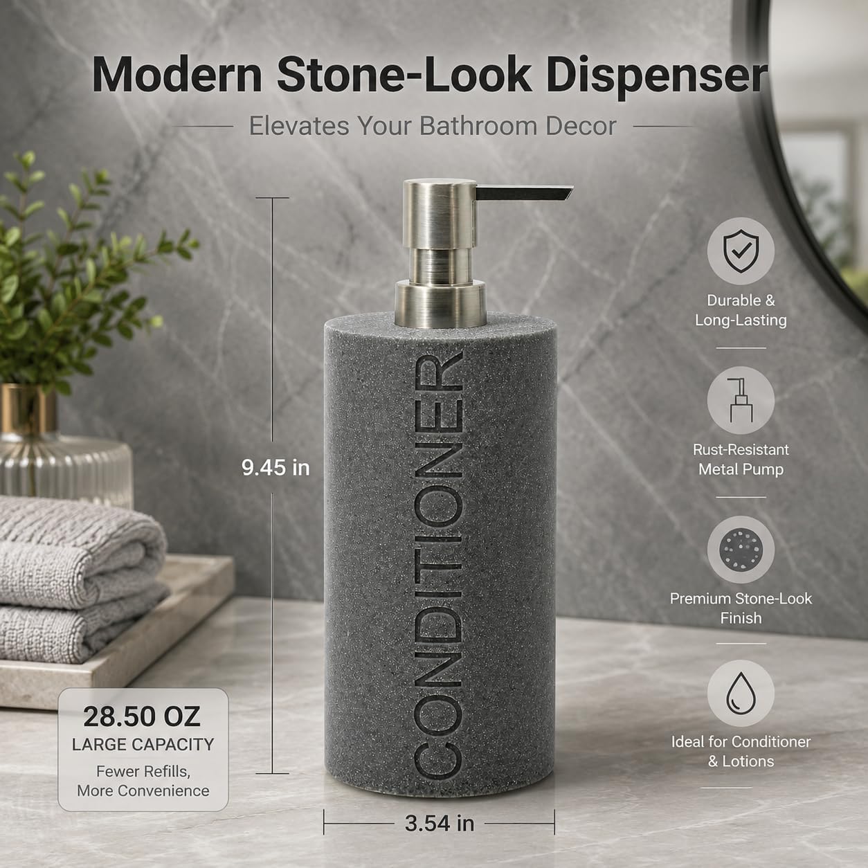 Resin Neutral Gray Sandstone Conditioner Engraved Bottle Refillable Pump Dispenser, Durable Waterproof Resin Construction for Bath, Shower - Gray Sandstone Satin Nickel Pump image 2