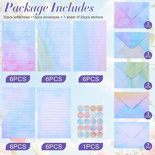 Miniatura 3 de Juego de papel y sobres de acuarela, lindo juego de papelería de campamento, 30 piezas de escritura de letras y 15 sobres bonitos y 20 calcomanías