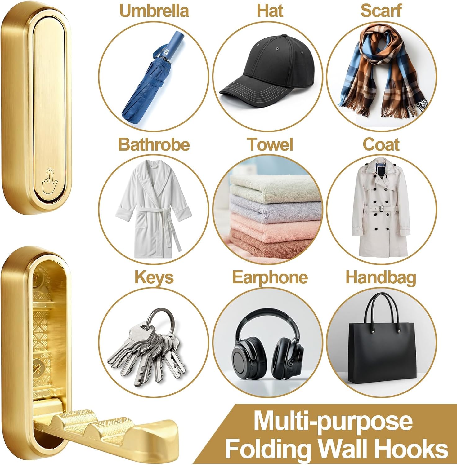 6 Pack Folding Wall Hooks – Heavy Duty Gold Coat Hooks, Foldable Zinc Alloy Wall Mount Hooks for Hanging Coats, Hats, Towels, Bags, Keys, Robes, Christmas Socks & Wreaths – Holds up to 55 lbs