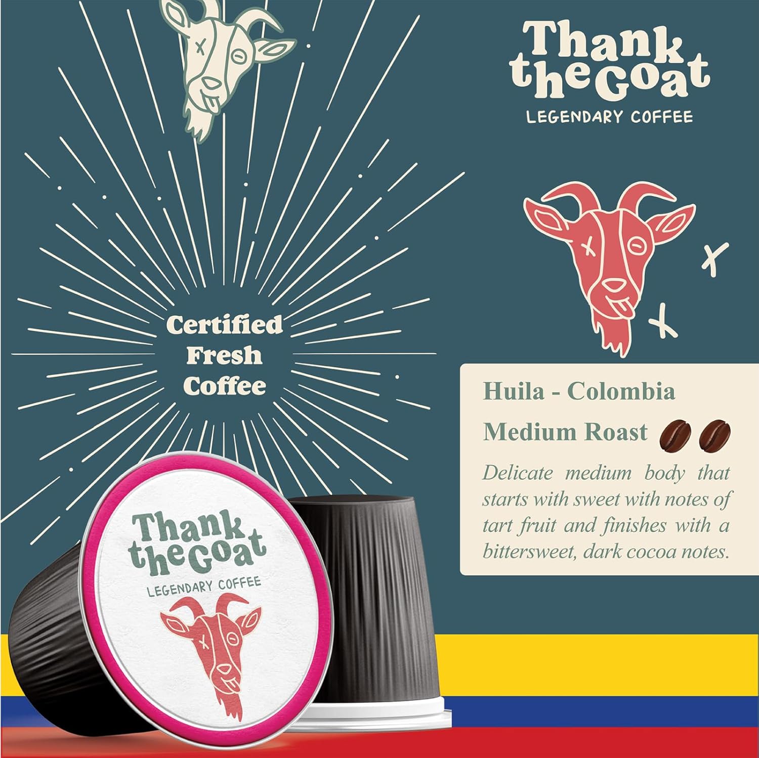 Thank the Goat Gourmet Made to Order Coffee Pods, Freshly Roasted, Medium Roast Compatible with Keurig 2.0 K-Cup Brewers, From Huila, Colombia, 24 Count
