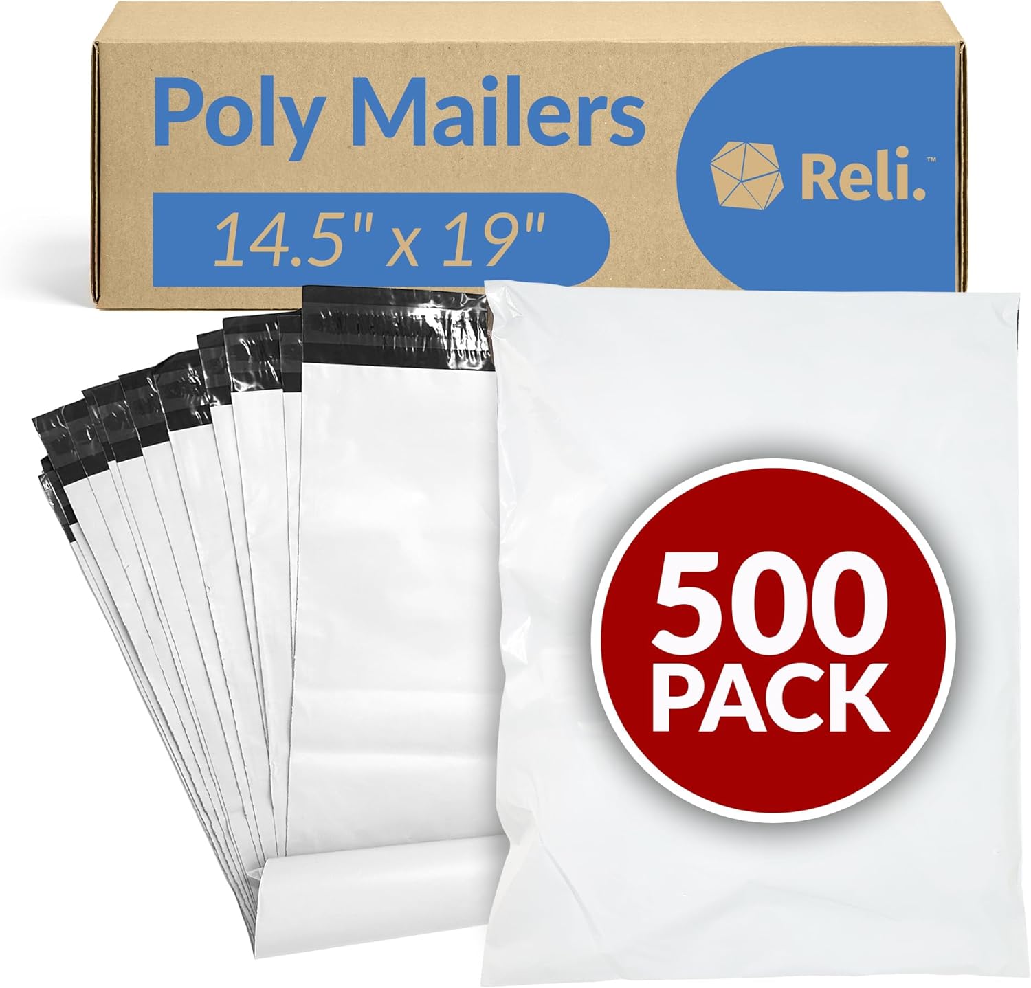 Reli. Poly Mailers 14.5×19 | 500 Pcs Bulk | Shipping Bags/Shipping Envelopes | White Packaging Bags for Shipping | Non-Padded Polymailers, Self Sealing Shipment Bags for Clothing, Bulk (White)