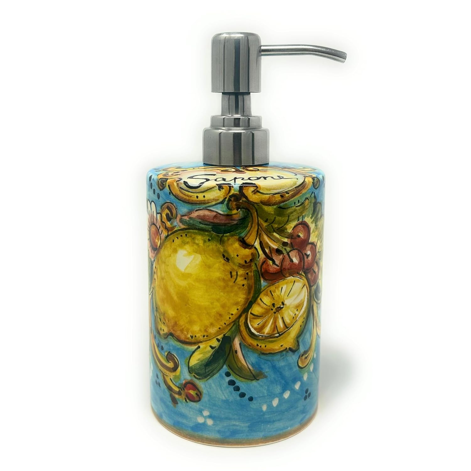 CERAMICHE D'ARTE PARRINI - Italian Ceramic Soap Dispenser with Rust Proof Stainless for Bathroom,Kitchen Hand Painted Pattern Lemons Amalfi Made in Italy