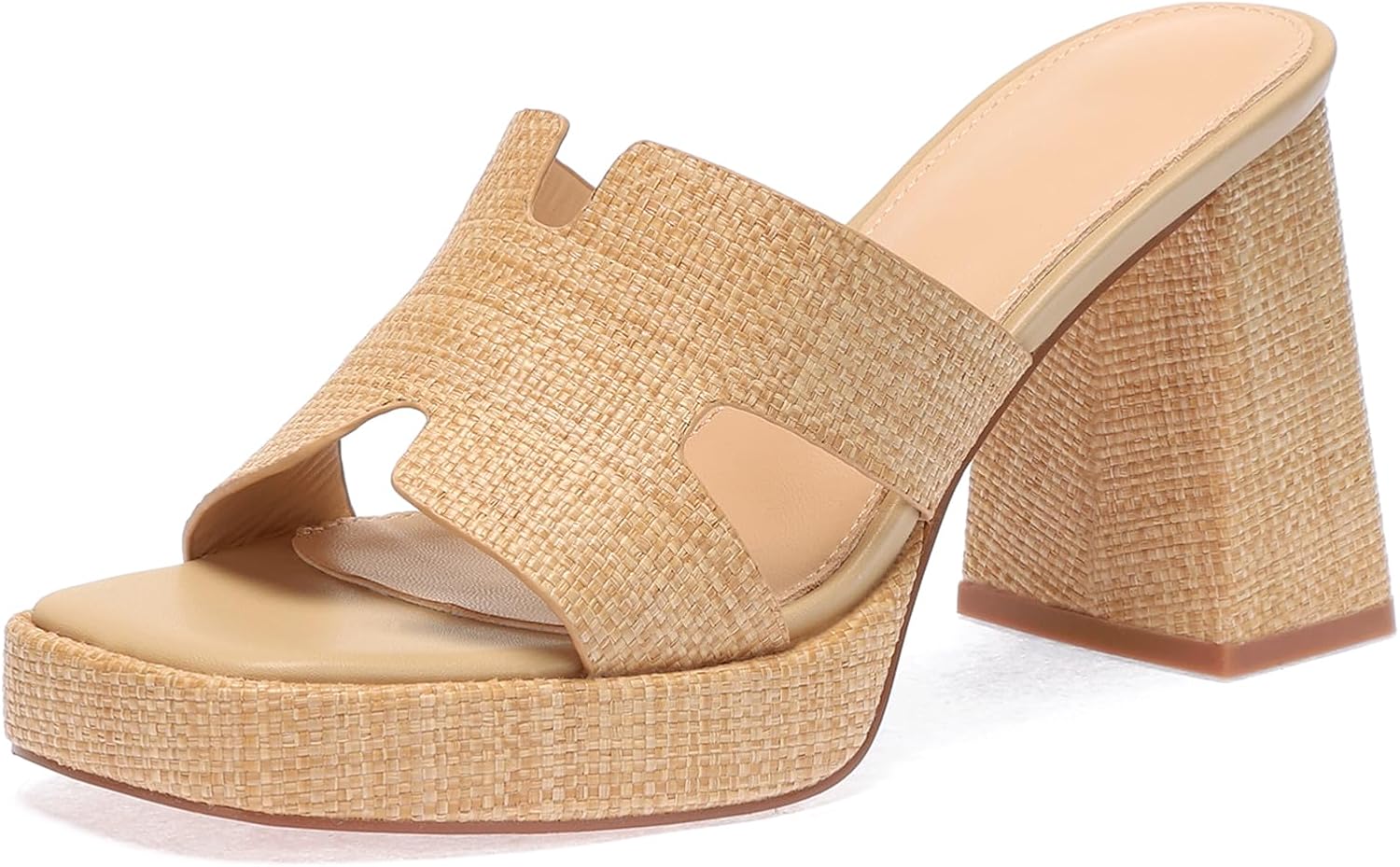 Monrovia Raffia Heeled Sandals for Women，Platform Wedge Slip On Block Heel, Dressy Summer Open Toe Chunky High Heel Vacation Beach Slides Sandals