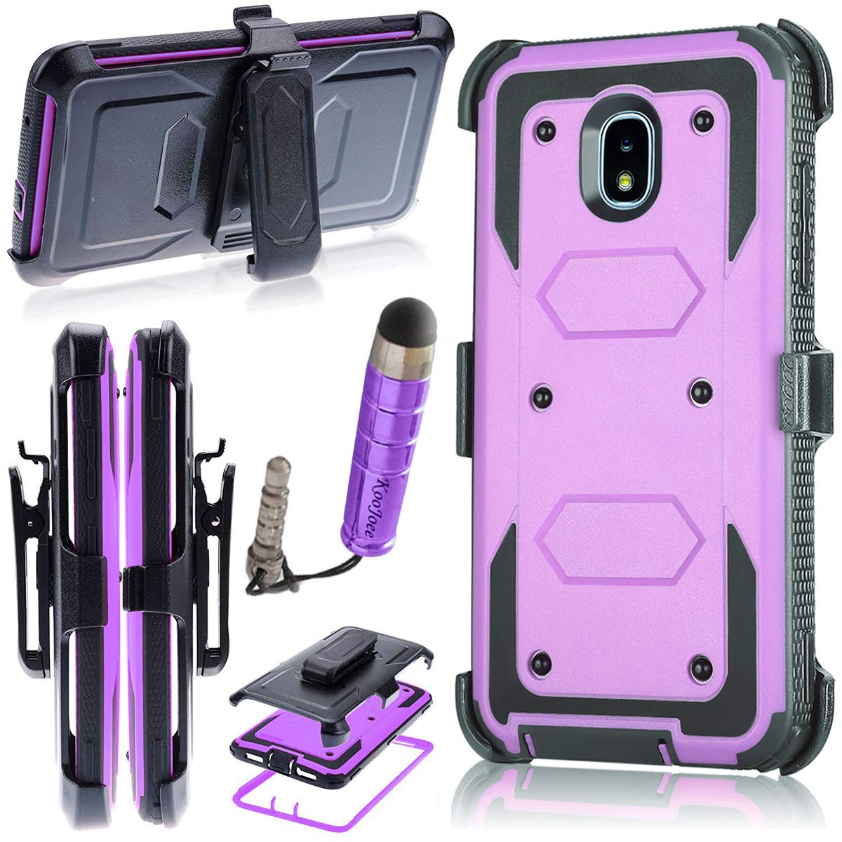 KooJoeeArmor Rugged Galaxy J3 2018 Case, Full-Body Shockproof Holster with Kickstand Belt Swivel Clip Heavy Duty Carrying Case for Samsung Express Prime 3/Achieve/J3 Star/Amp Prime 3 (Lilac)