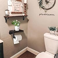 Vista 2 de Soporte de papel higiénico con estante, colgador industrial de papel higiénico montado en la pared con estante de madera rústica para baño, baño