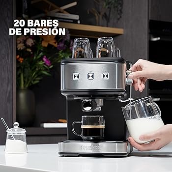 249413 Máquina de café para Espresso, Compatible con cápsulas Nespresso y café molido, 1 o 2 tazas, 20 bares de presión, Depósito extraíble de 1.5L, con espumador de leche, 850 W1