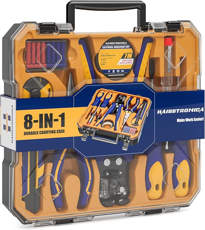 8PCS Electrician Tool Kit, Automatic Wire Stripper, Pliers | Voltage Pen, 2 Drivers, Utility Knife, Tape, Storage Case, Electronics Repairs
