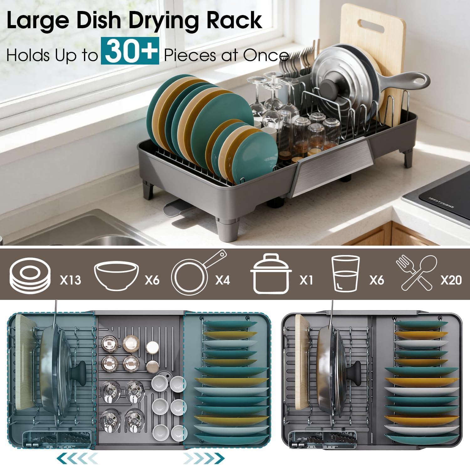 Large Expandable Dish Drying Rack, Dish Racks for Kitchen Counter, Space Saving & Rust Resistant Dish Drainer with Removable Drainboard & Utensil Holder, Adjustable Length 16.4 to 24.4 Inches