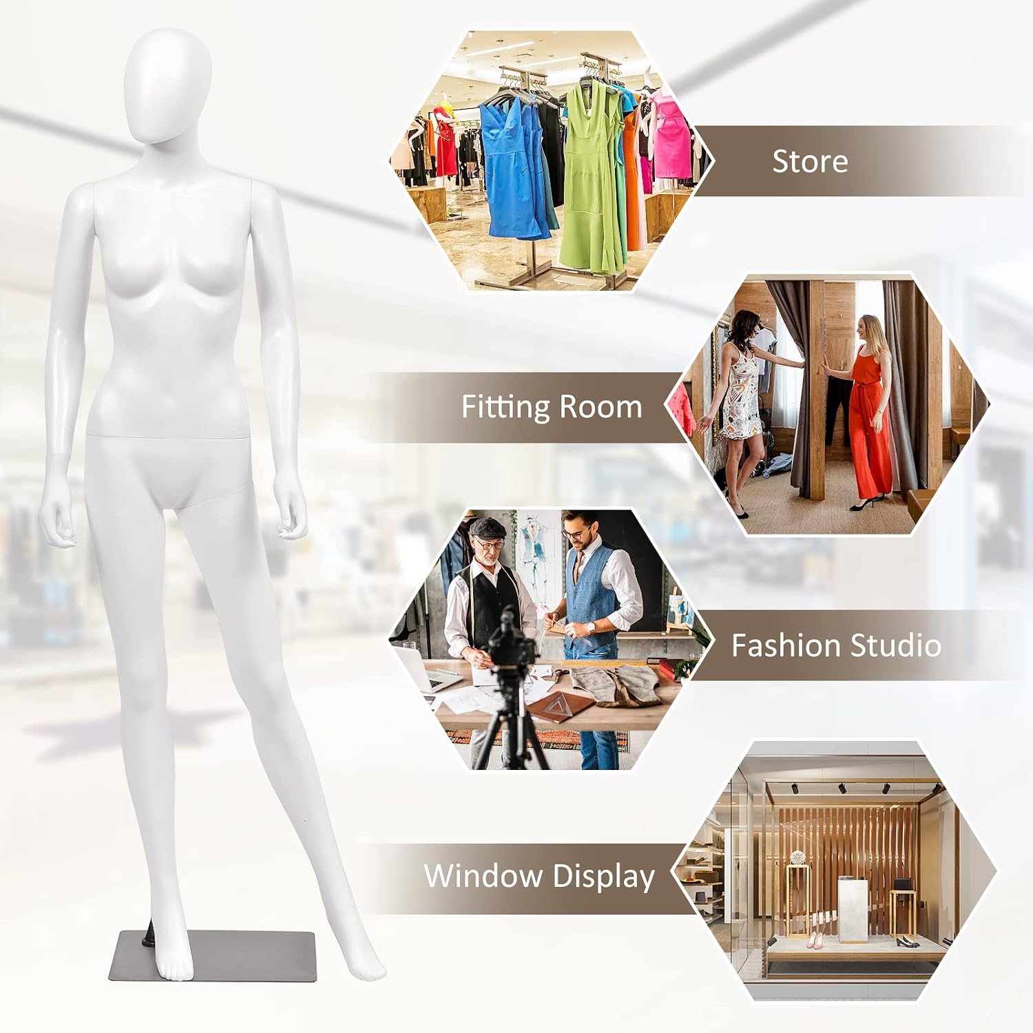 S AFSTAR 5.8 Ft/70” Female Mannequin, Adjustable & Detachable Dress Form Full Body Realistic Display Model Mannequin, Manikin Torso Stand with Metal Base for Retail Showroom Store, 33”-24”-34”, White