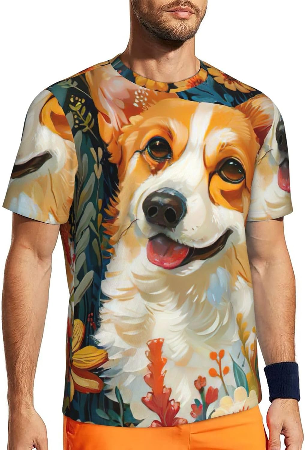 Corgi Floral Flowers Spring Garden Print Mens Short Sleeve Mesh T-Shirt Breathable Athletic Gym Running Casual Sports Wear