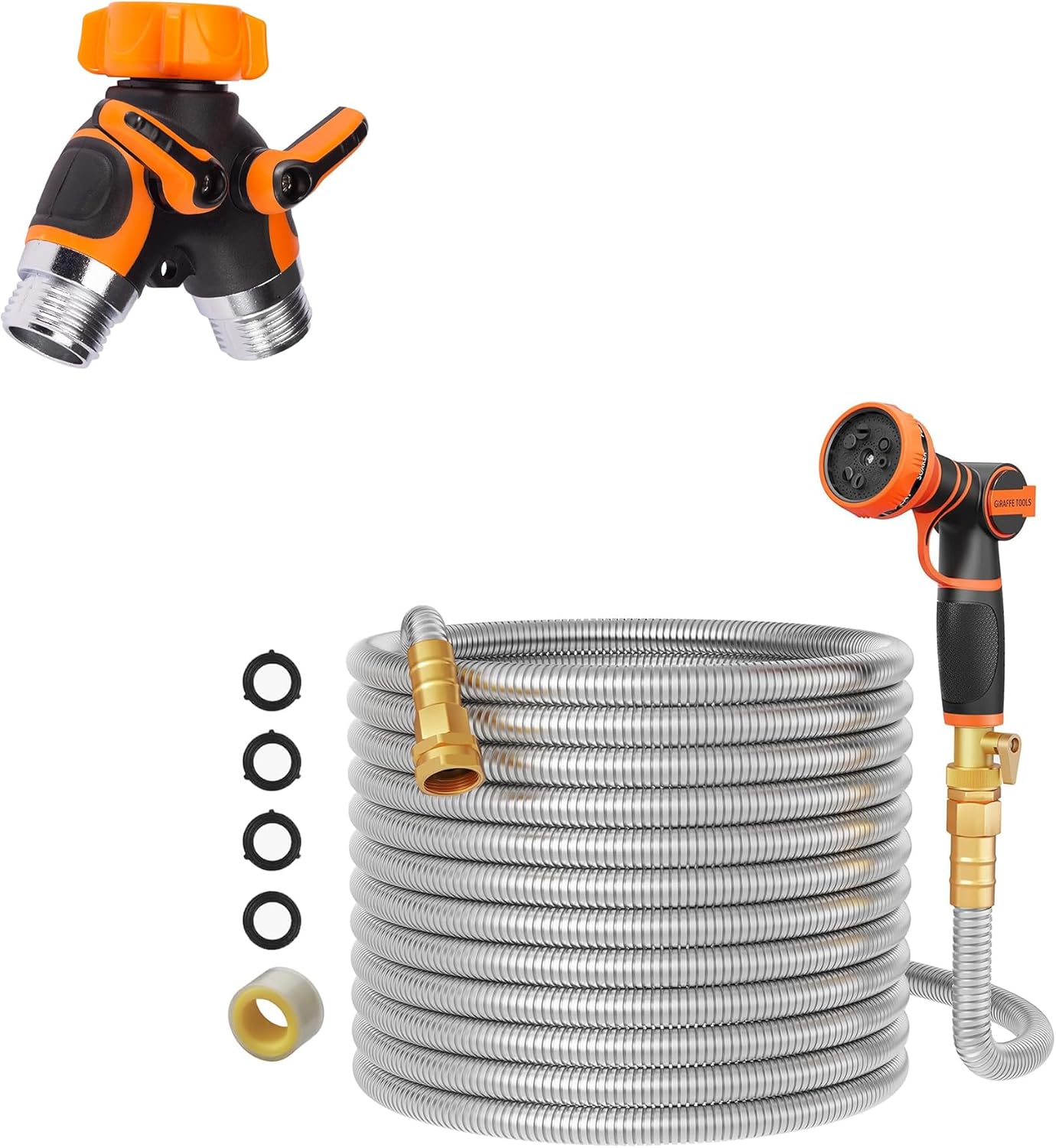 Giraffe Tools Garden Hose Splitter 2 Way Heavy Duty,3/4" GHT Y Connector,Brass Fitting and Garden Hose 75ft x 5/8",304 Stainless Steel Metal Water Hose,No Kink Garden Water Hose with Aluminum Fittings