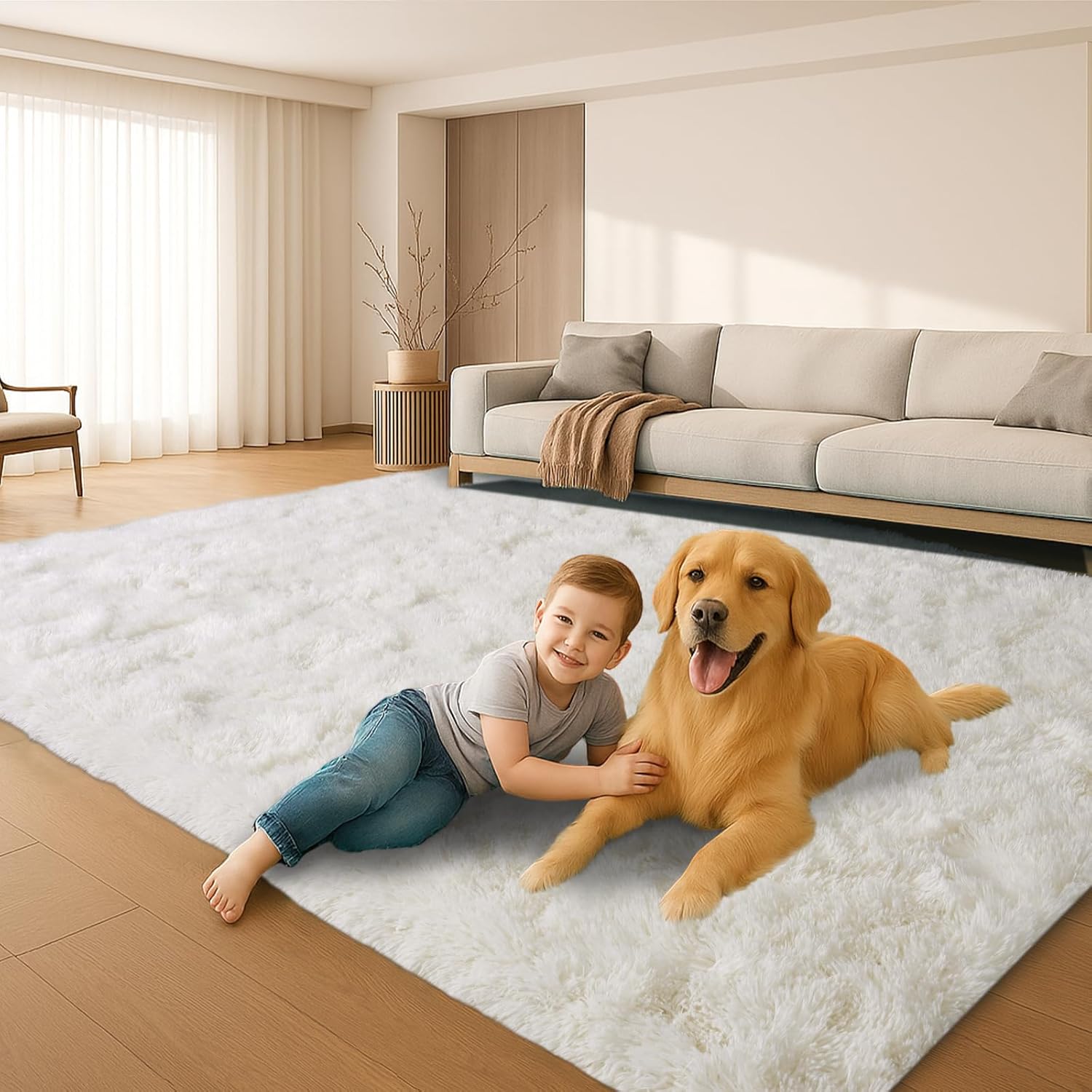 Photo 1 of 5x7 Plush Fluffy Area Rugs, Large Soft Carpet, Upgraded Non-Slip Rectangular Rug for Living Room, Bedroom, Kids Room, Dorm, Modern Home Decor Aesthetic,Cream White.