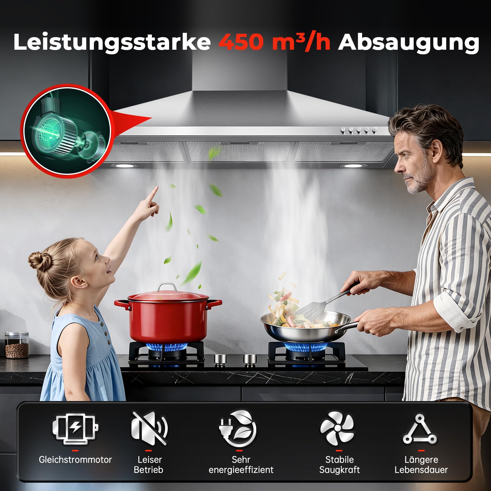 SNDOAS Okap kuchenny 90 cm obiegu, A+++ piramida okap kuchenny o pojemności 450 m³/h, w zestawie filtr z węglem aktywnym do powietrza wylotowego/obiegowego, oświetlenie LED i 3 stopnie, srebrna osłona
