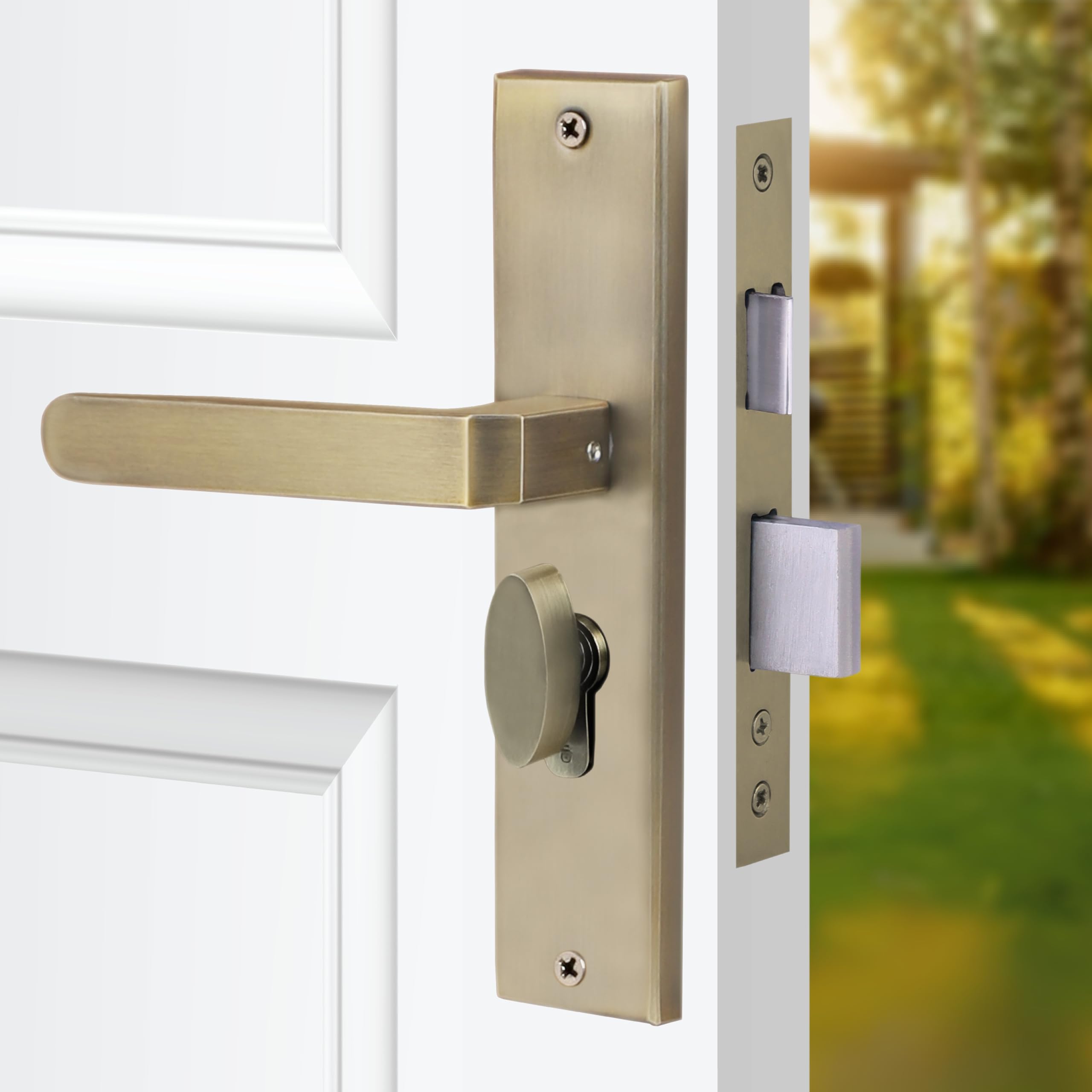 Blue Space Premium 8" Cylindrical Plate Mortise Door Lock Handle Set/Mortise Lock with Brass Lock Body and One Side Key 60mm Brass Cylinder Set with 3 Brass Computer Keys (LB303, Antique)