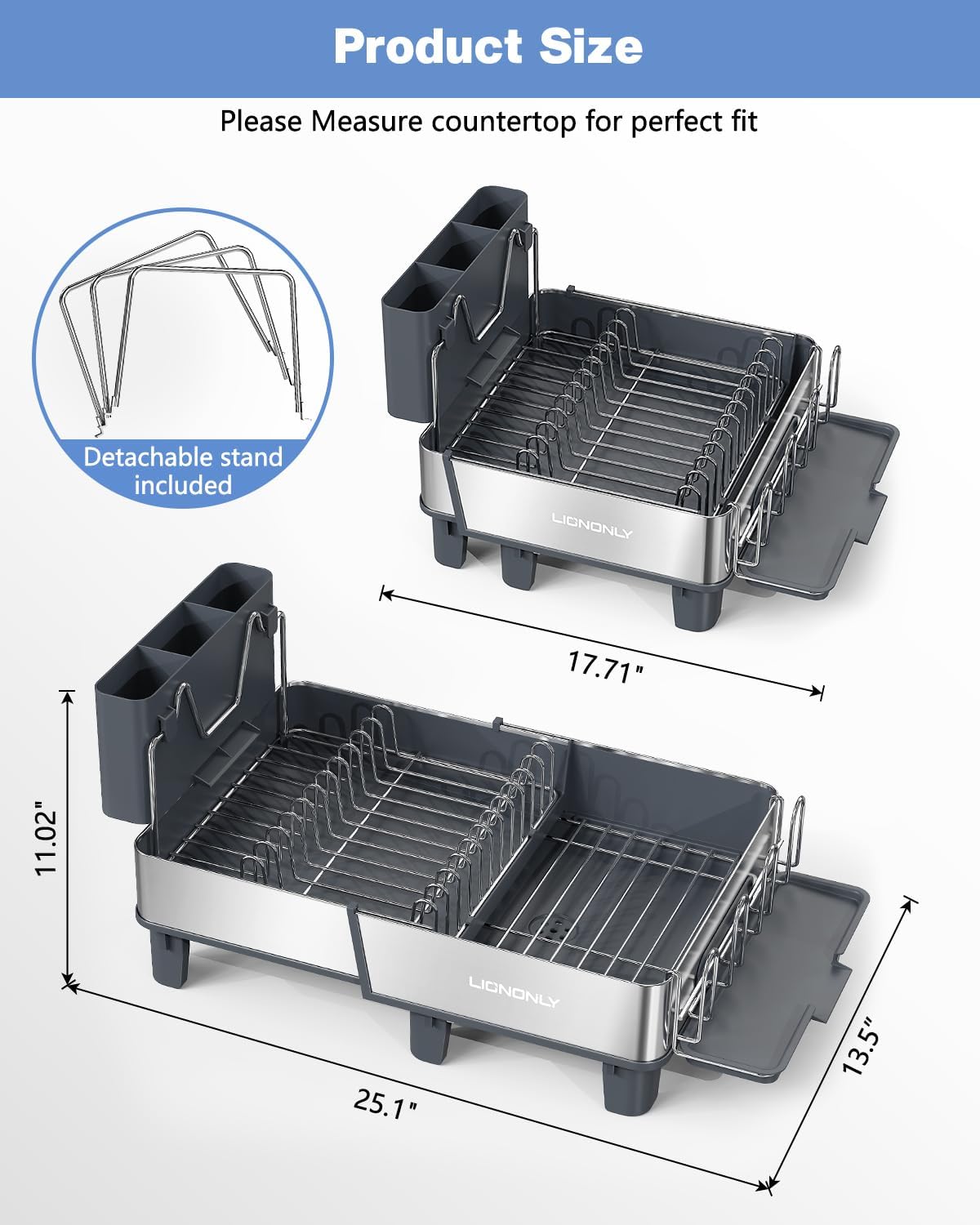 dish drying rack, 304 stainless steel expandable dish rack with adjustable drain spout, large capacity dish drainer with utensil holder, cup holder and cutting board rack for kitchen counter, gray gray large