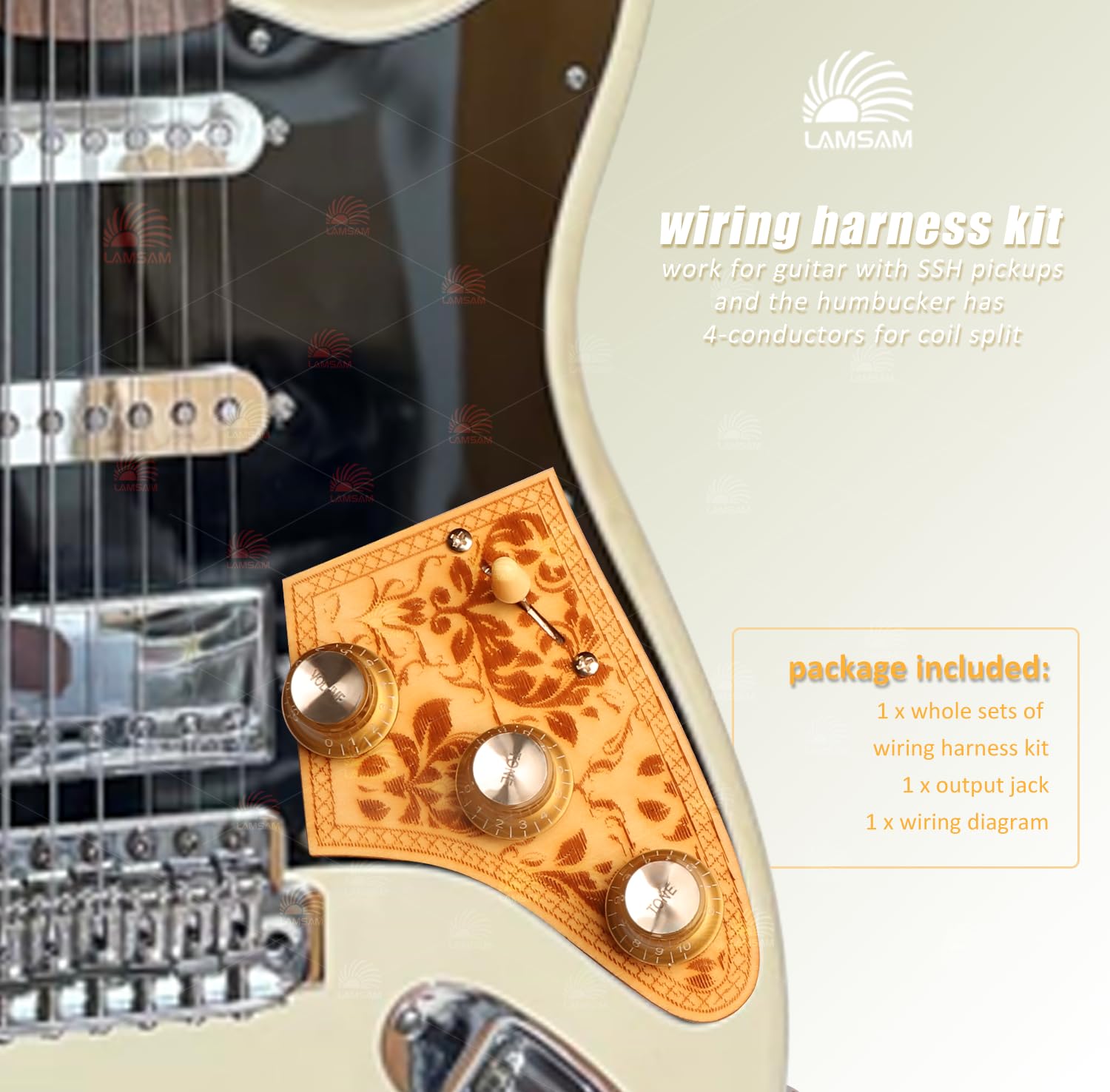 LAMSAM Wiring Harness Kit for Electric Guitar with HSS Pickup Configuration, Push Pull Coil Splittable Wiring, Prewired 5 Way Blade Switch Large Pots Orange Caps, Output Jack Included (yellow)